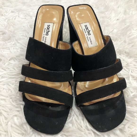 Sacha London Suede Strappy Slip On Block Heels Black 7 - Picture 2 of 8